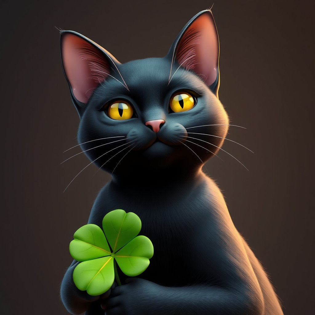 Black Cat with Four-Leaf Clover, Anime 3D Art