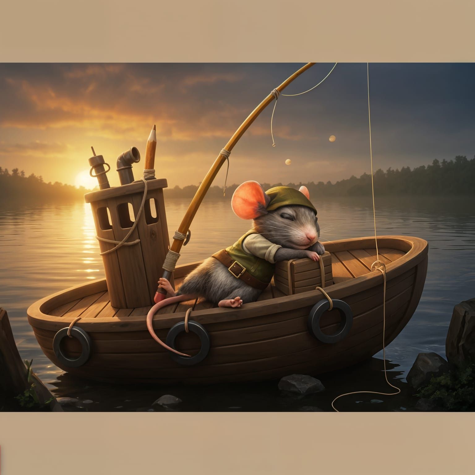Cute Mouse Napping on Toy Tugboat at Sunrise