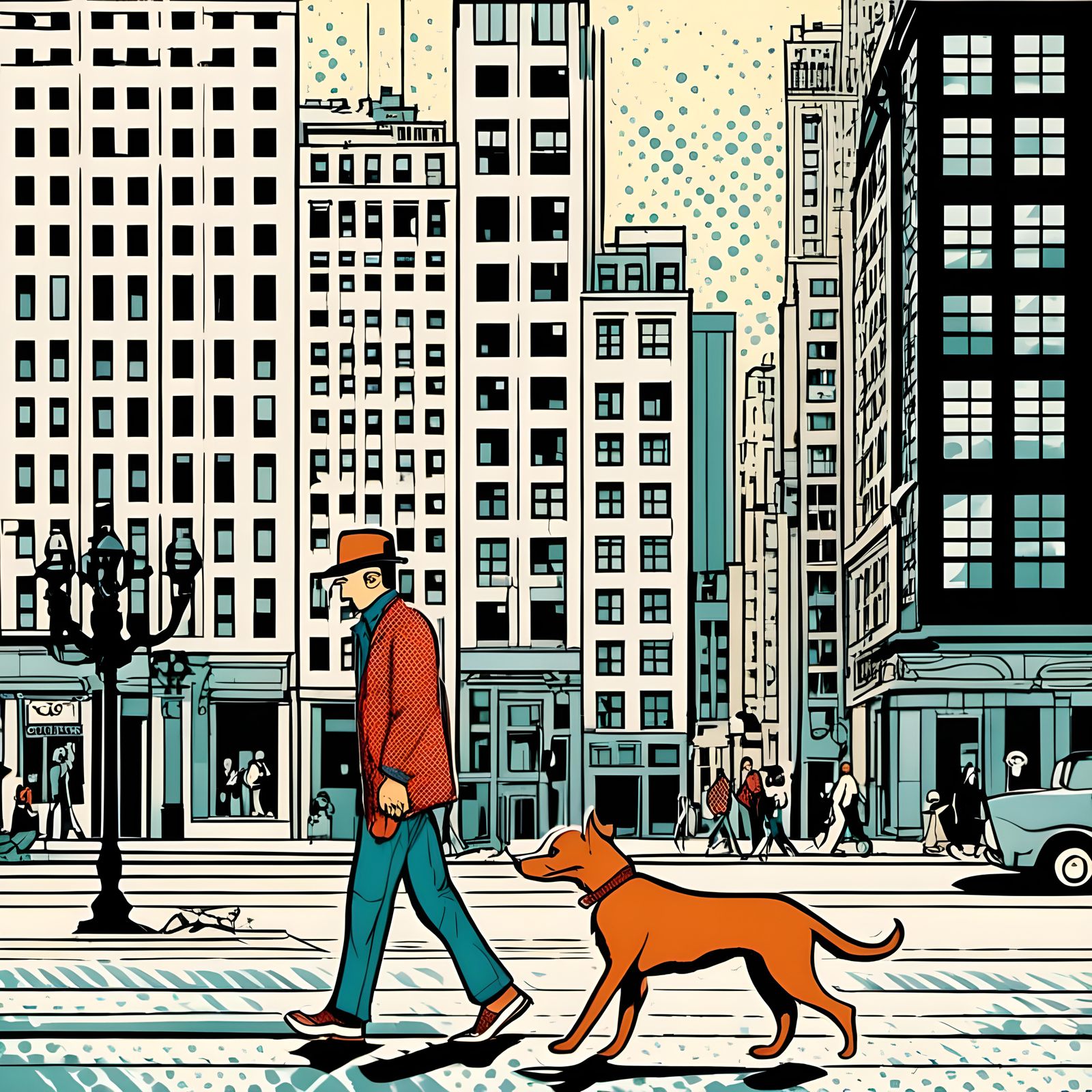 Man and Dog in City, Pop Art Style