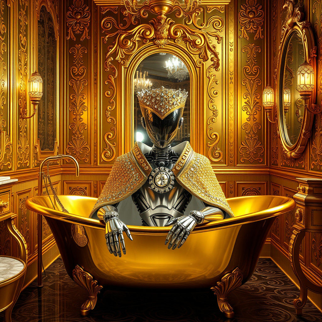 Opulent Gold Bathroom with Robot in Baroque Style