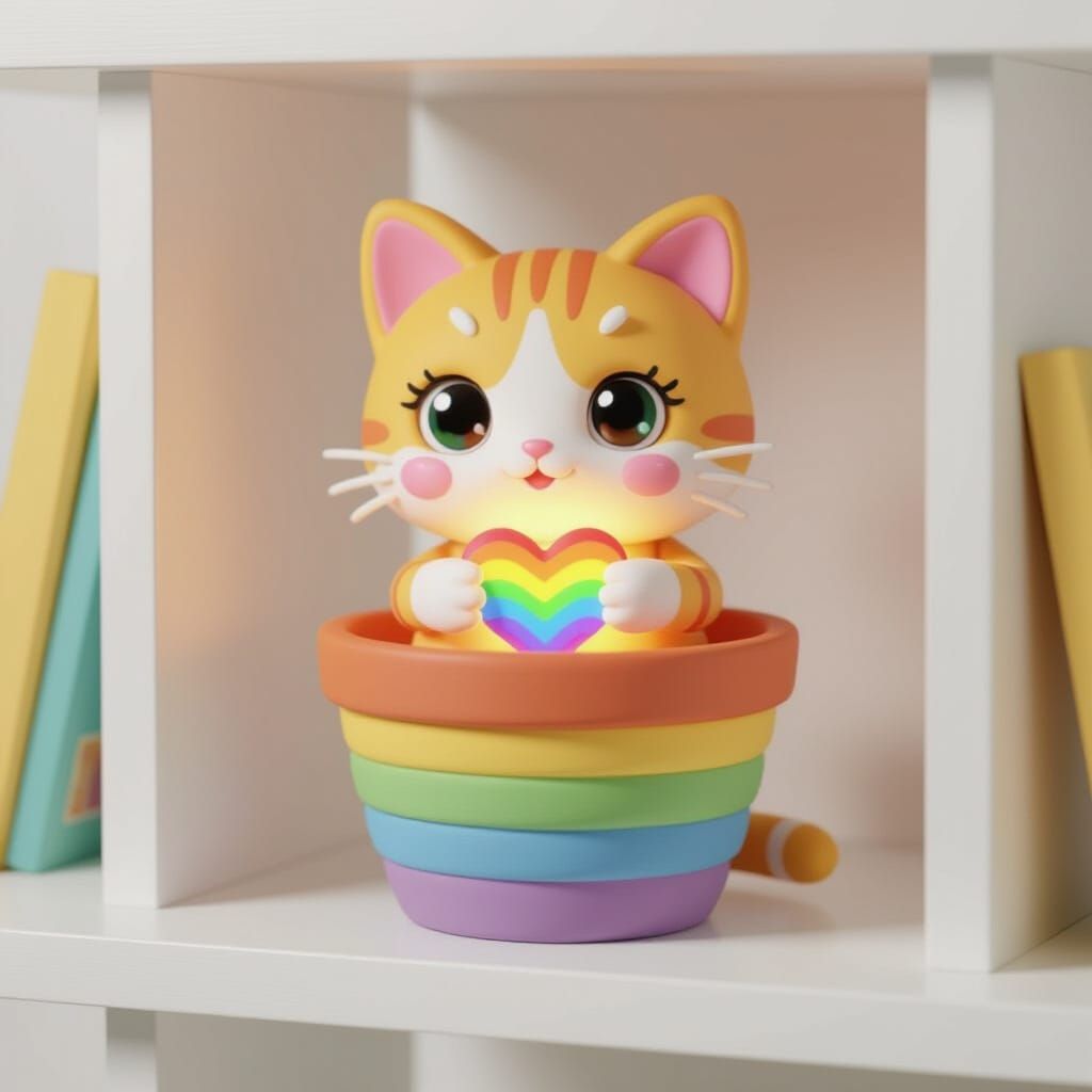 Cute Anime Clay Kitty with Rainbow Heart