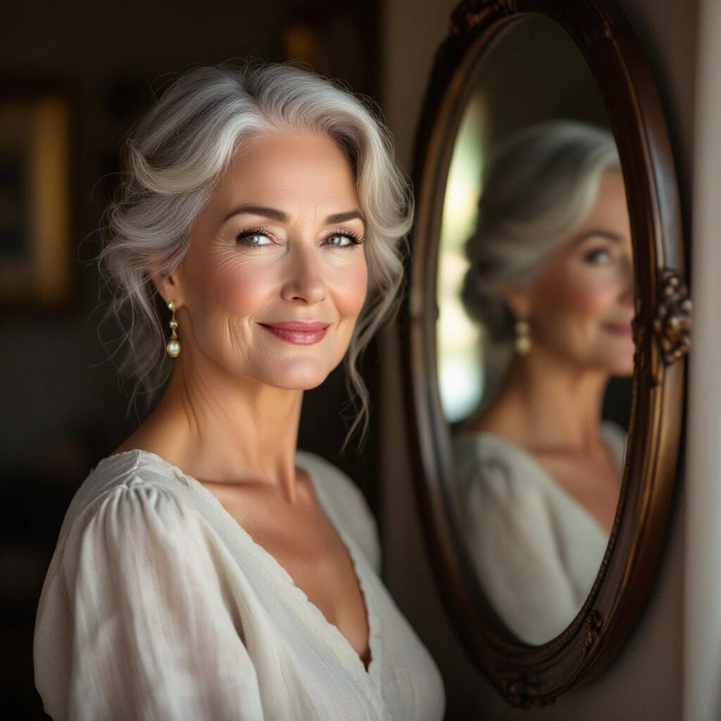 Elegant Older Woman Reflecting in Vintage Mirror