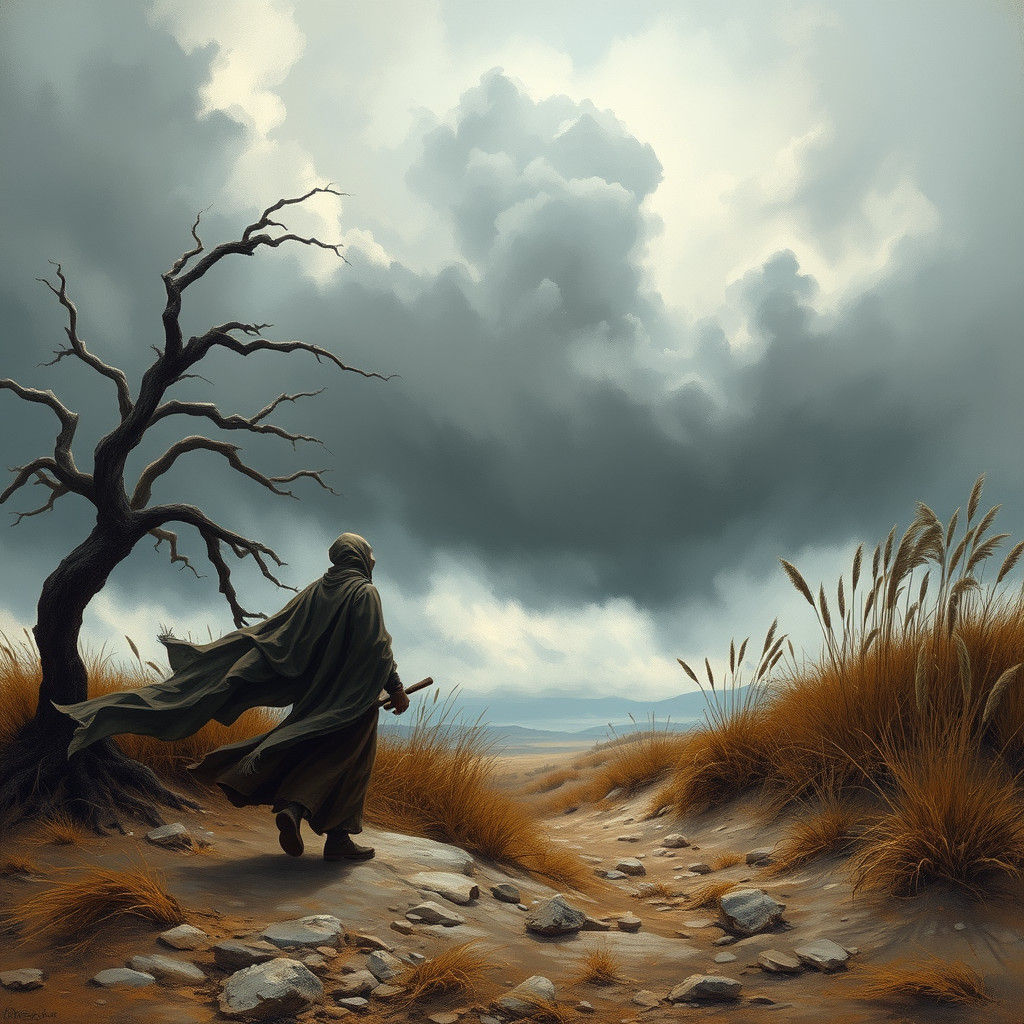 Windswept Figure in Desolate Landscape: Romanticism Art