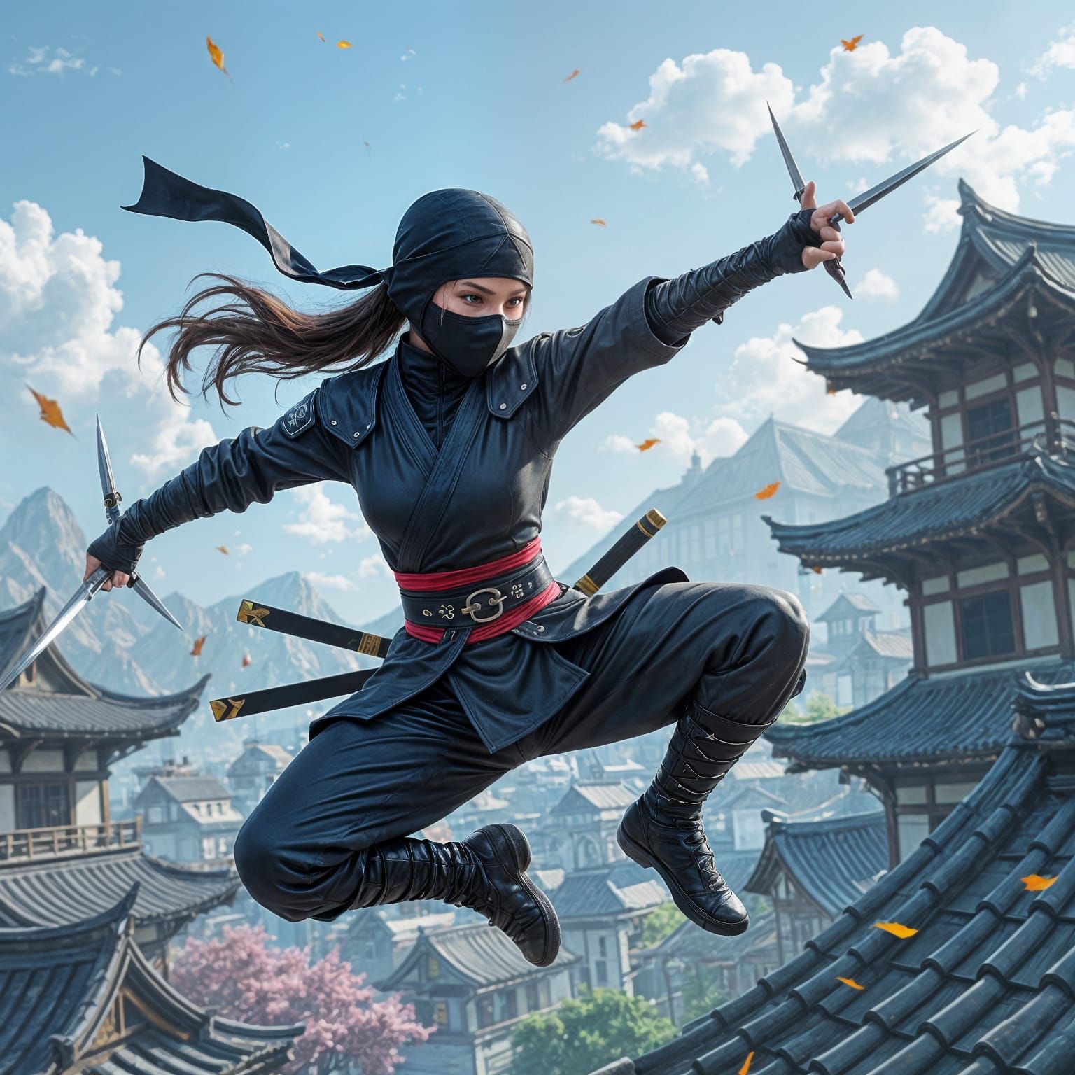 Dynamic Female Ninja in Action, Hyperrealistic Splash Art