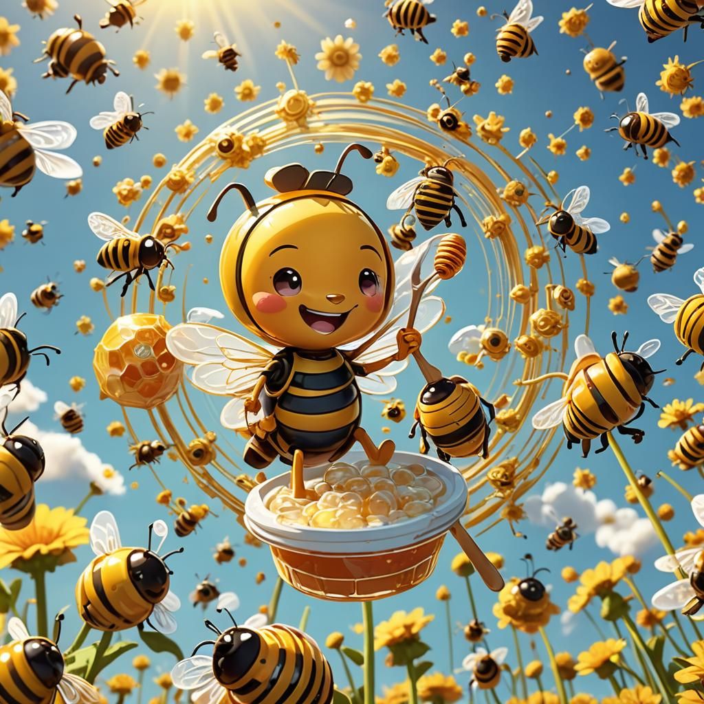 Cute 3D Anime Honey with Happy Bees