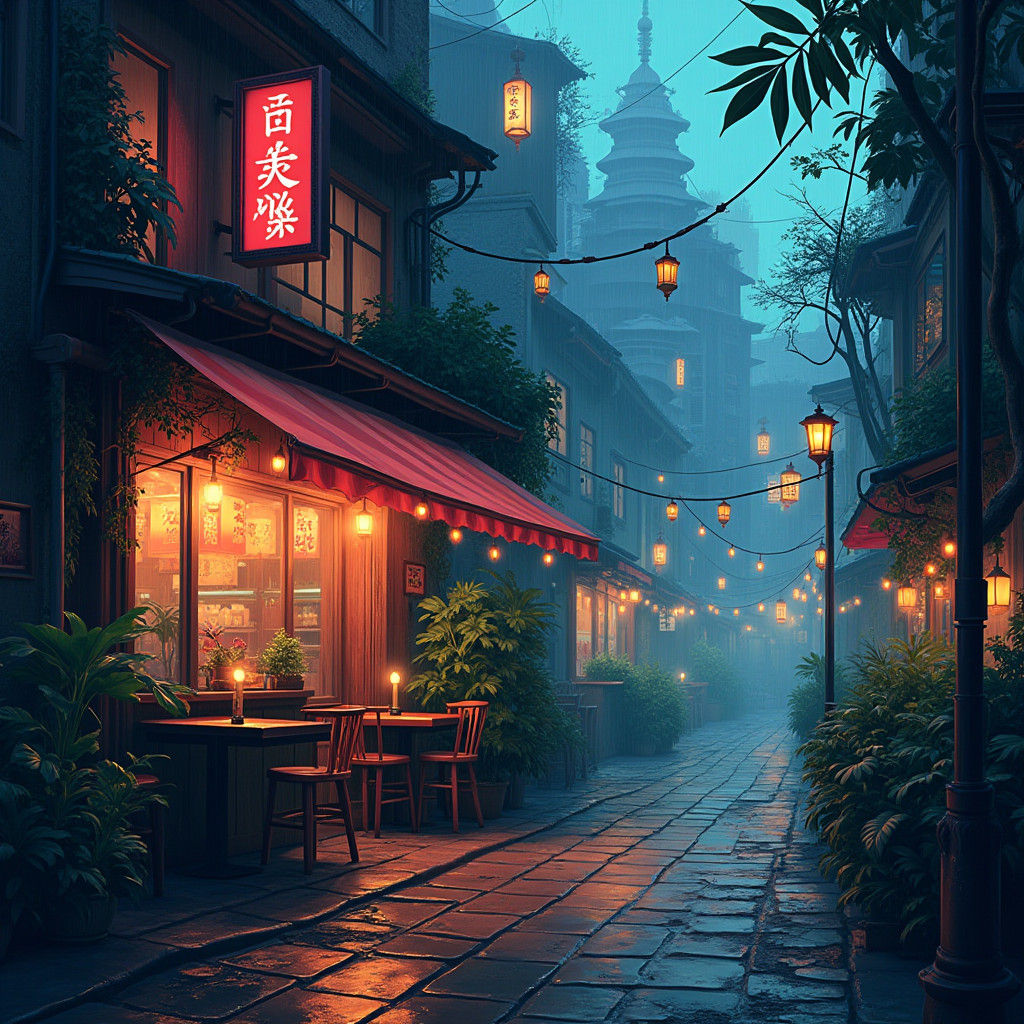 Anime Cafe at Dusk in Rain-Soaked Cityscape