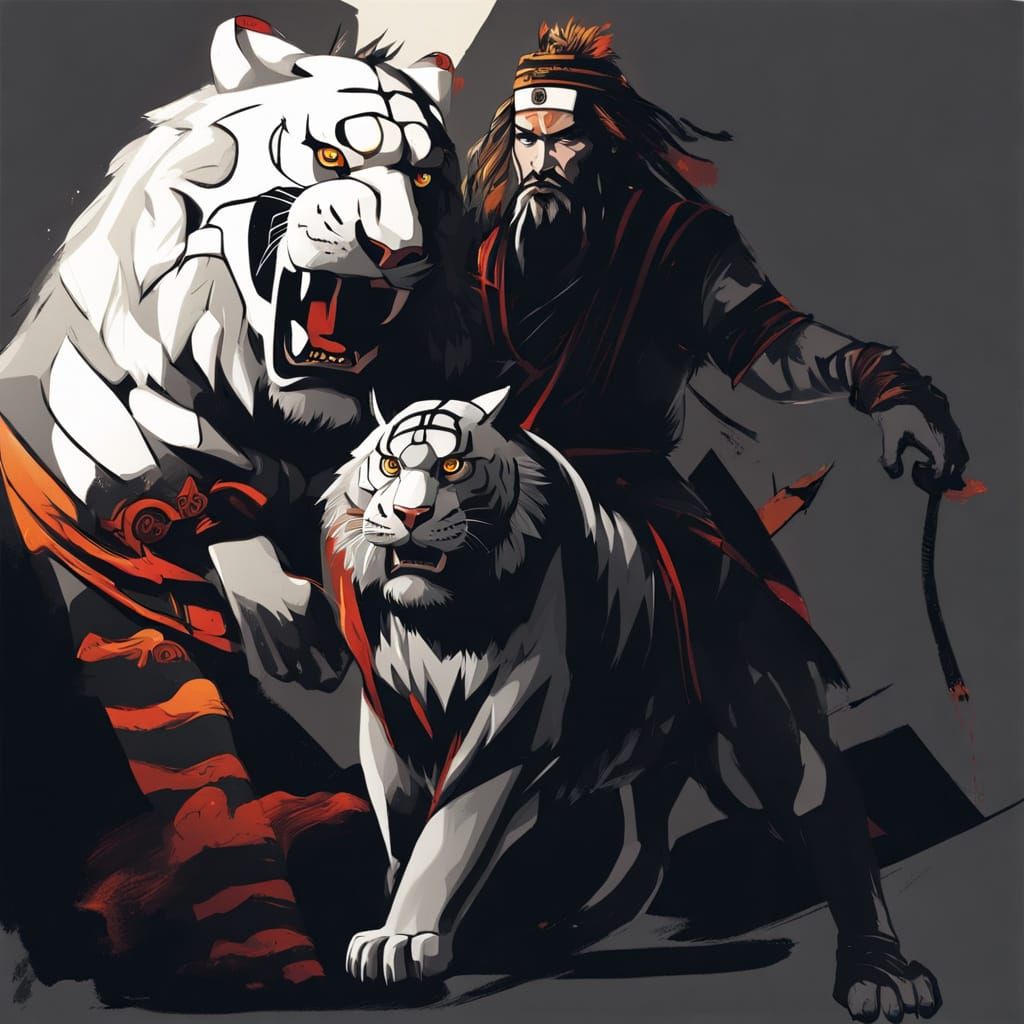 Man and Tiger Share Moment of Satisfaction in Tribal Concept...