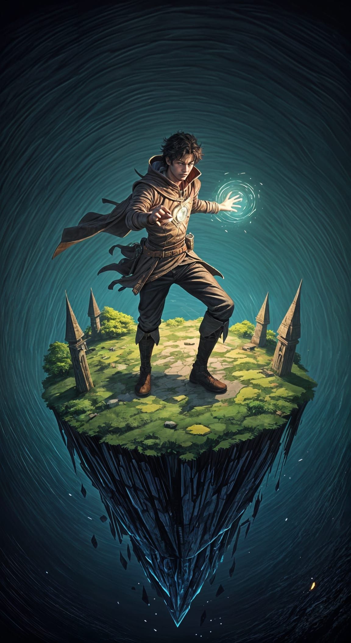 Mage Casting Spell on Floating Island in Anime Style