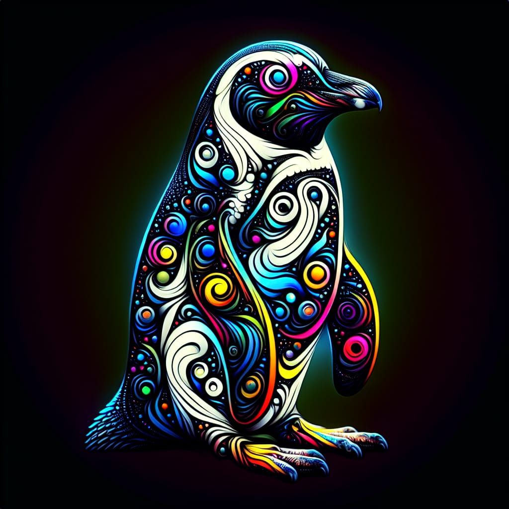 Psychedelic Penguin in Vibrant, Surreal Style