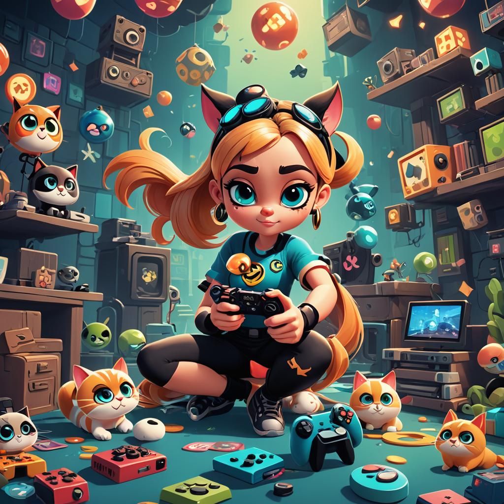 Baffy and Cat Gaming in Cartoon Vector Style