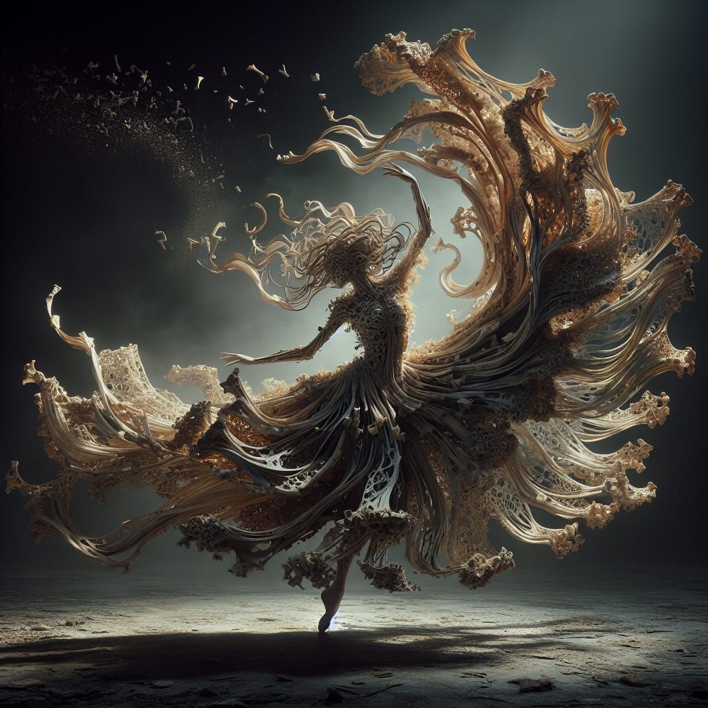 Ethereal Dancer in Bone Cloak, amidst a Haunting Misty Battl...