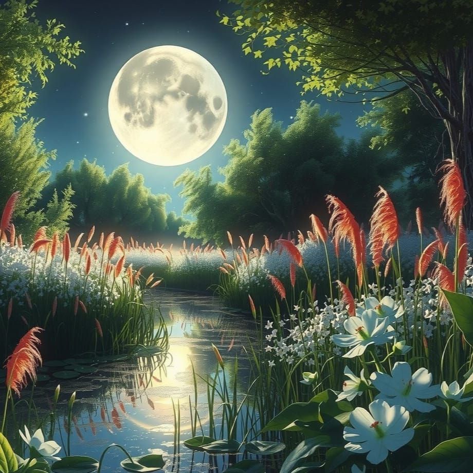 Serene Night Scene Under Full Moonlight