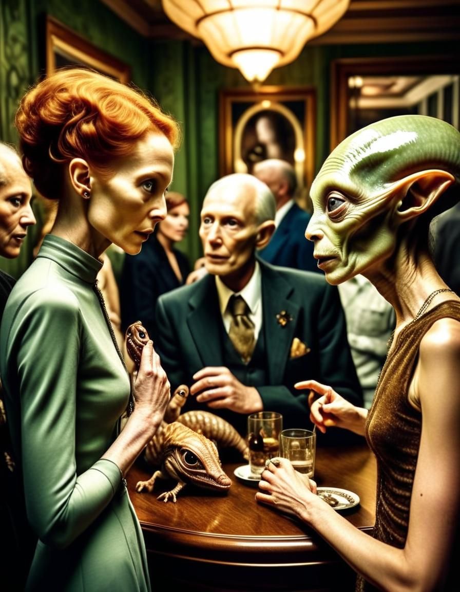 Hyperrealistic Alien-Human Party with Exotic Pets