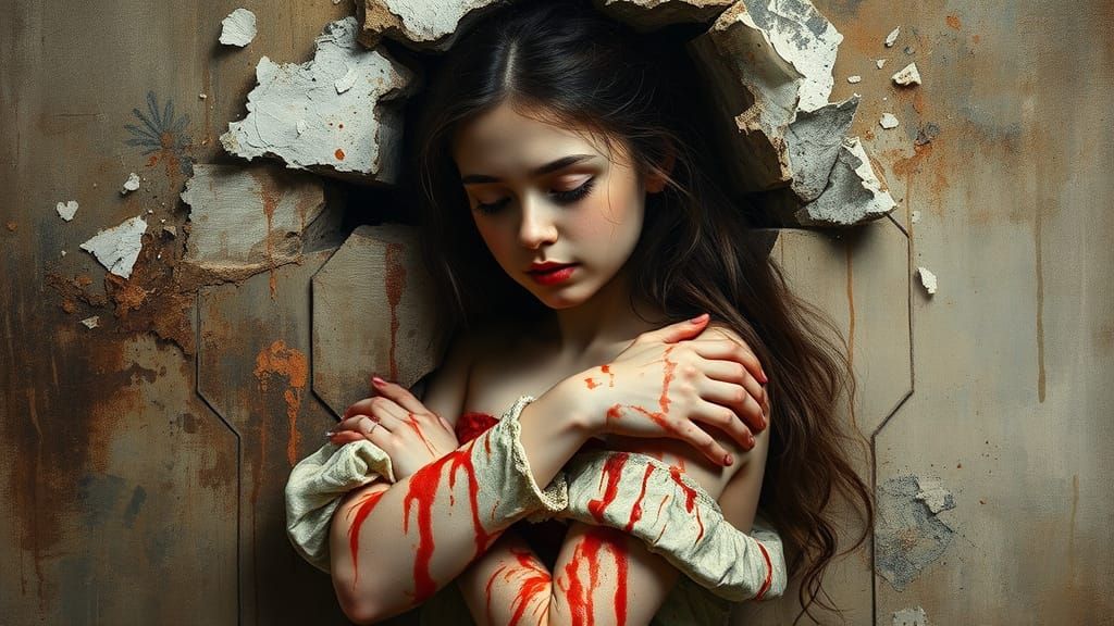 Girl Emerging from Canvas in Classical Painting Style