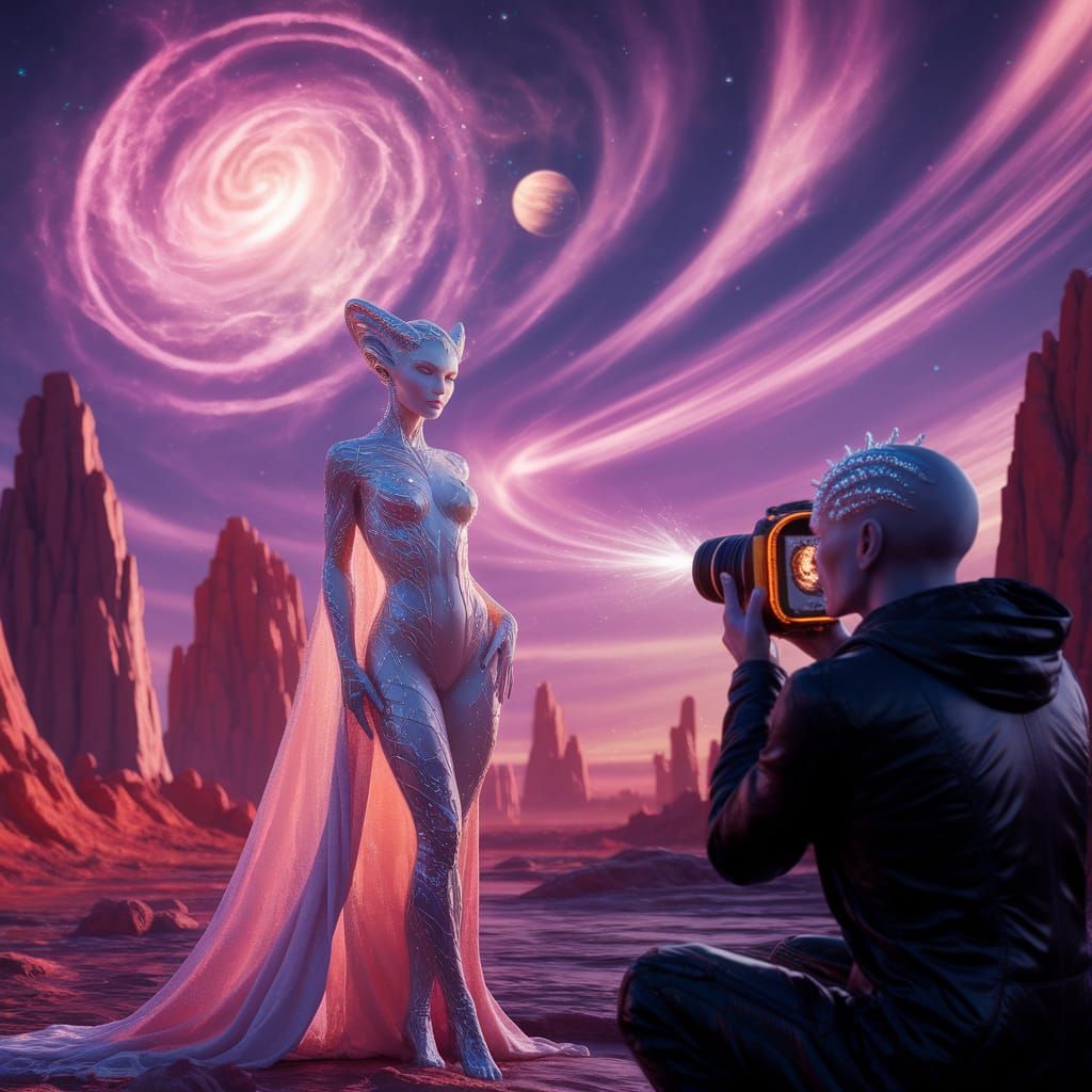 Opalescent Alien Model in Amber Landscape