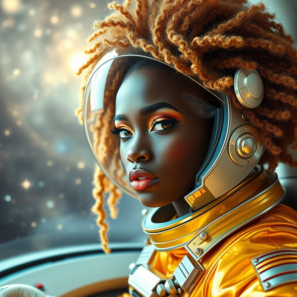 African Astronaut in Golden Space Suit with Afro Hair