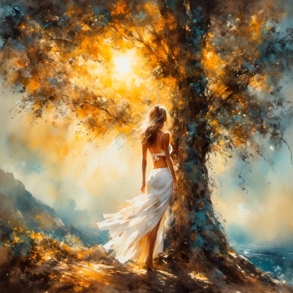 Woman Reaching for Lights in Tropical Oil Painting