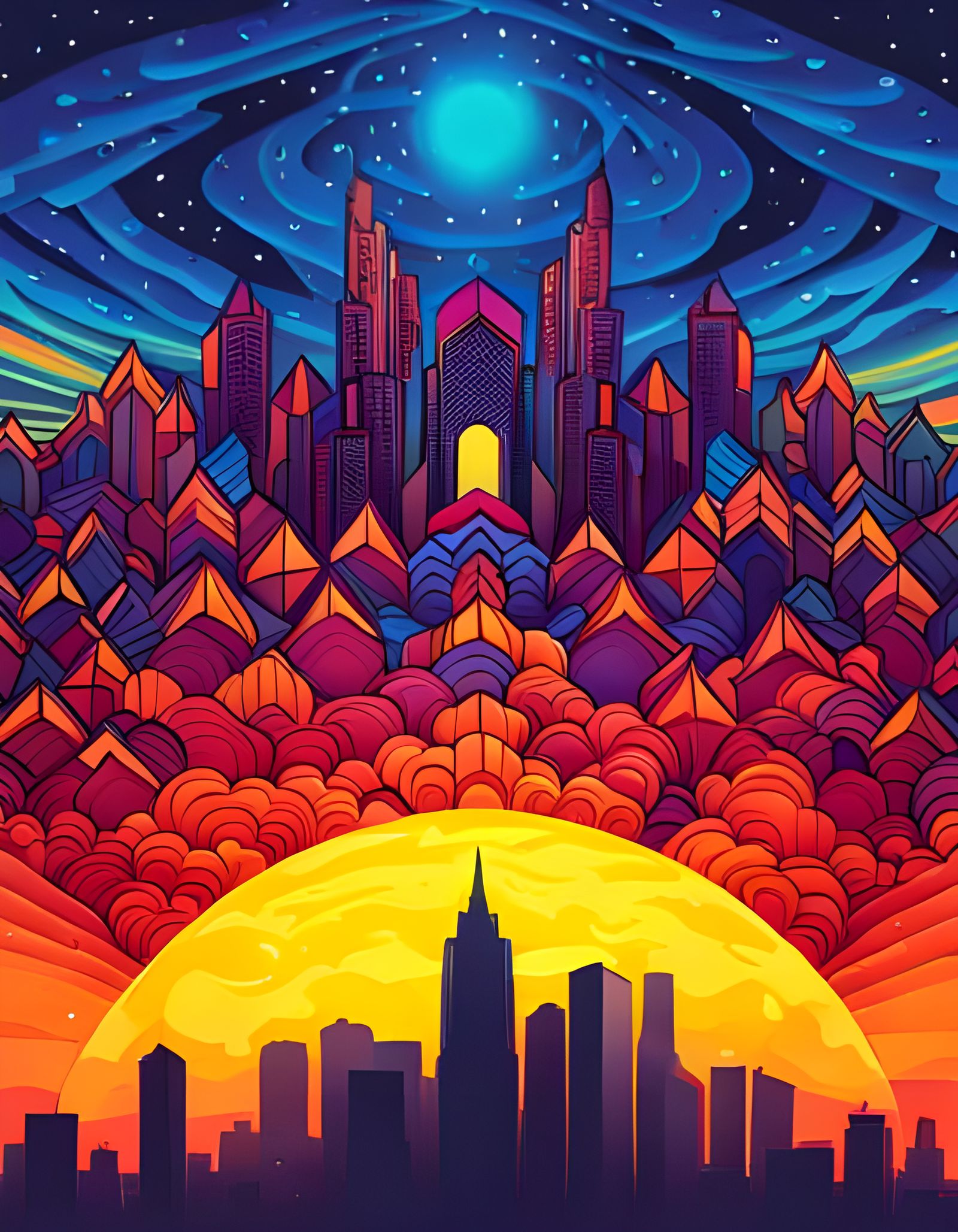 Sunset City Silhouette in Ukiyo-e Style