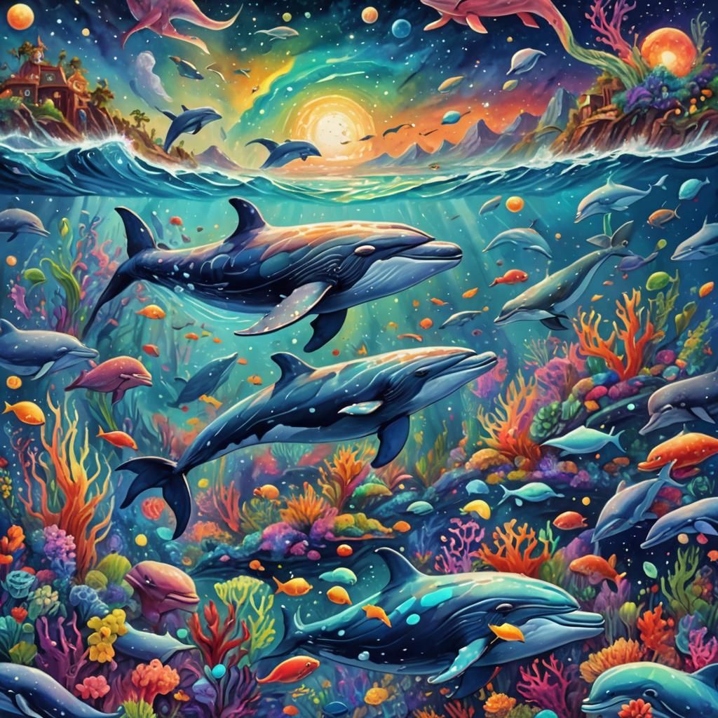 Cosmic Ocean Whales and Dolphins in Gouache Style