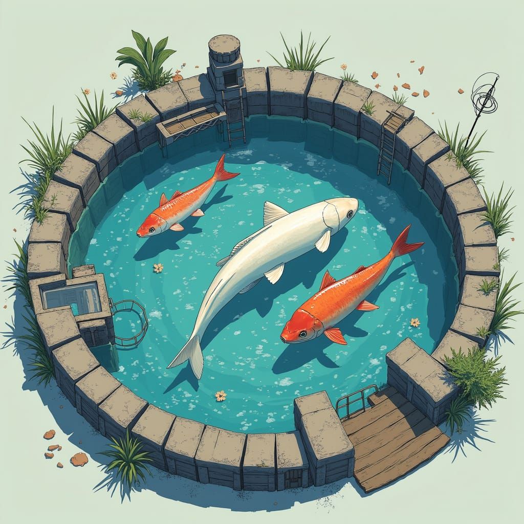 Minimalist Blueprint Illustration of Bioflok Pond with Hyper...