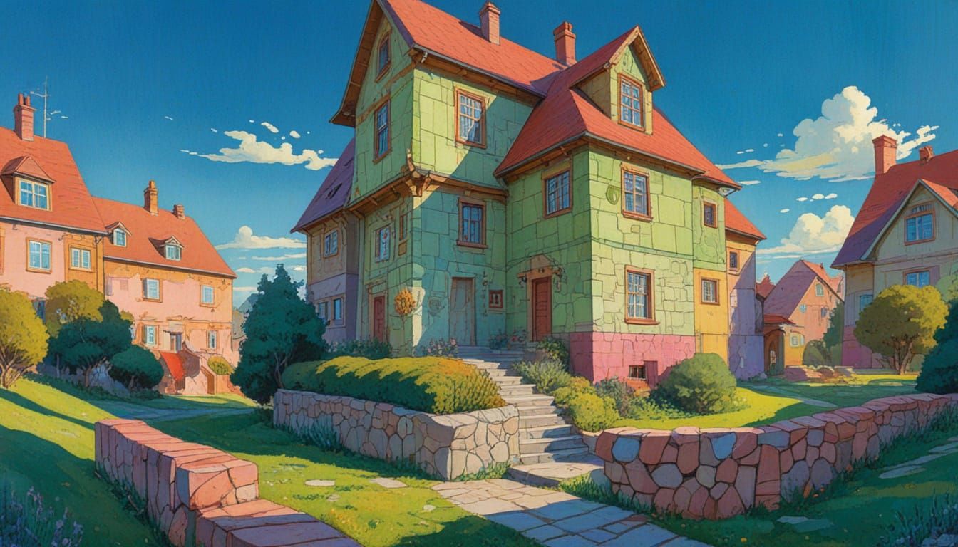 Vibrant Block House in Cheerful Afternoon Sunlight