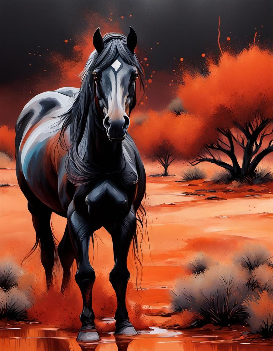 Black Horse Grazing in Outback as Splash Art