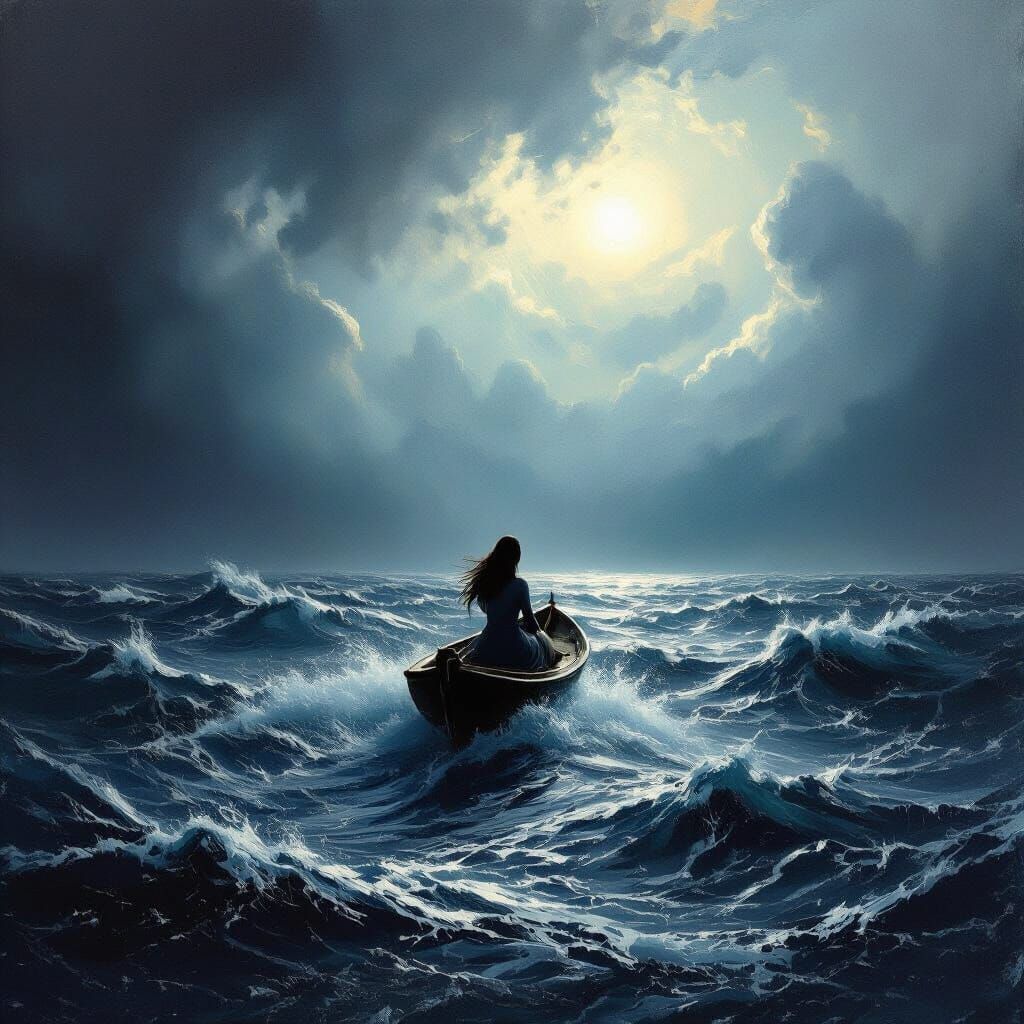 Woman Sails Dark Ocean: Romanticism Meets Surrealism