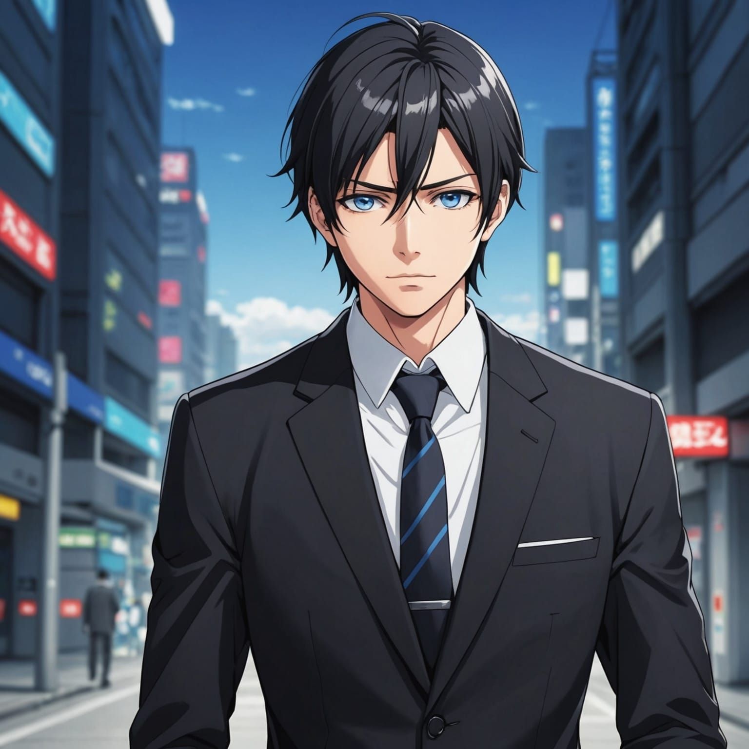 Handsome Anime Guy in Black Suit, Cel-Shaded Style