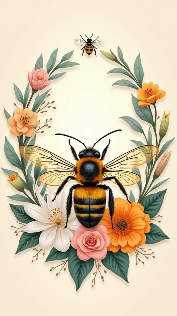 Realistic Bee in Whimsical Floral Wreath - Digital Art