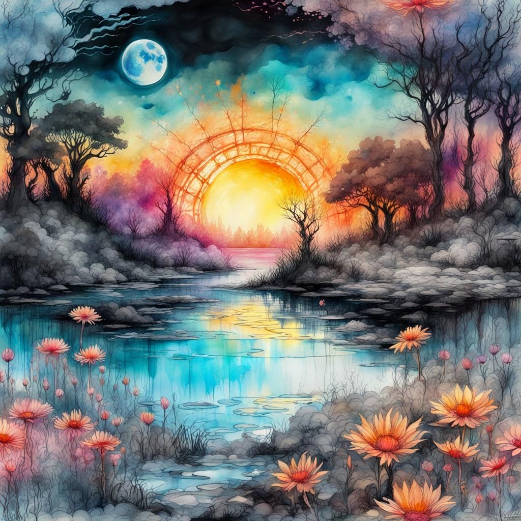 Surreal Ink Landscape in Fluorescent Watercolor Style