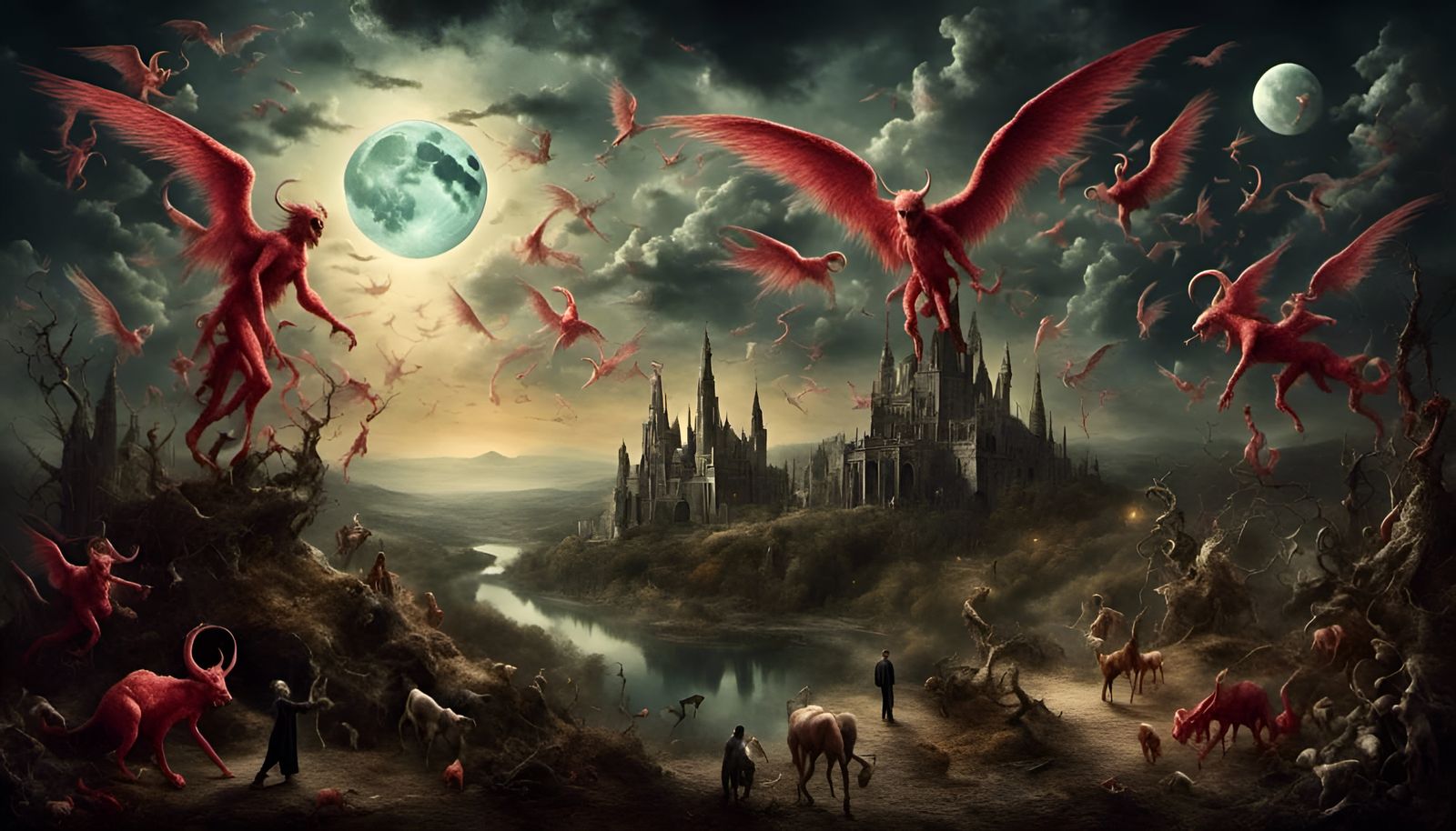 Surreal Landscape: Evil Creatures Under Bright Moon