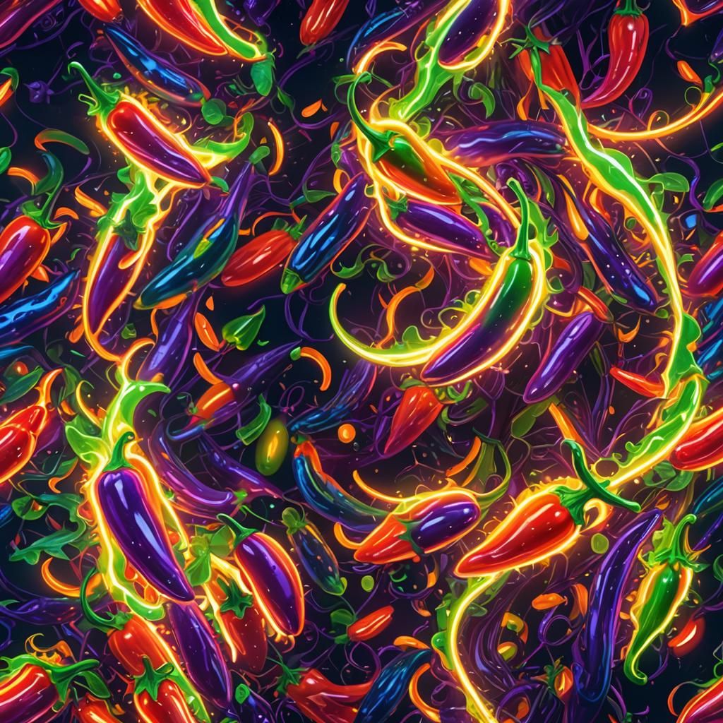 Glowing Jalapeno and Tomato Collision in Neon Fantasy