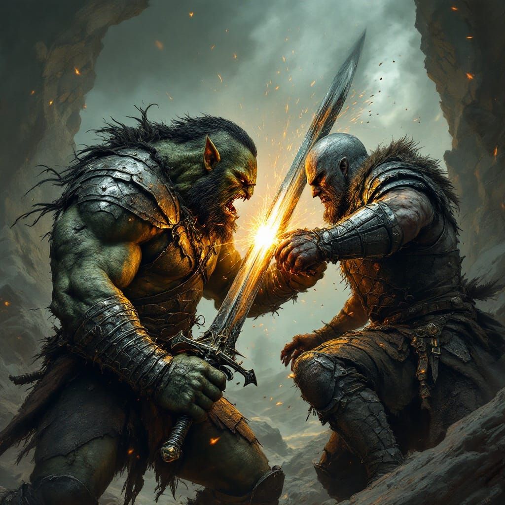 Fierce Battle Between Warrior and Swordsman in Dark Landscap...