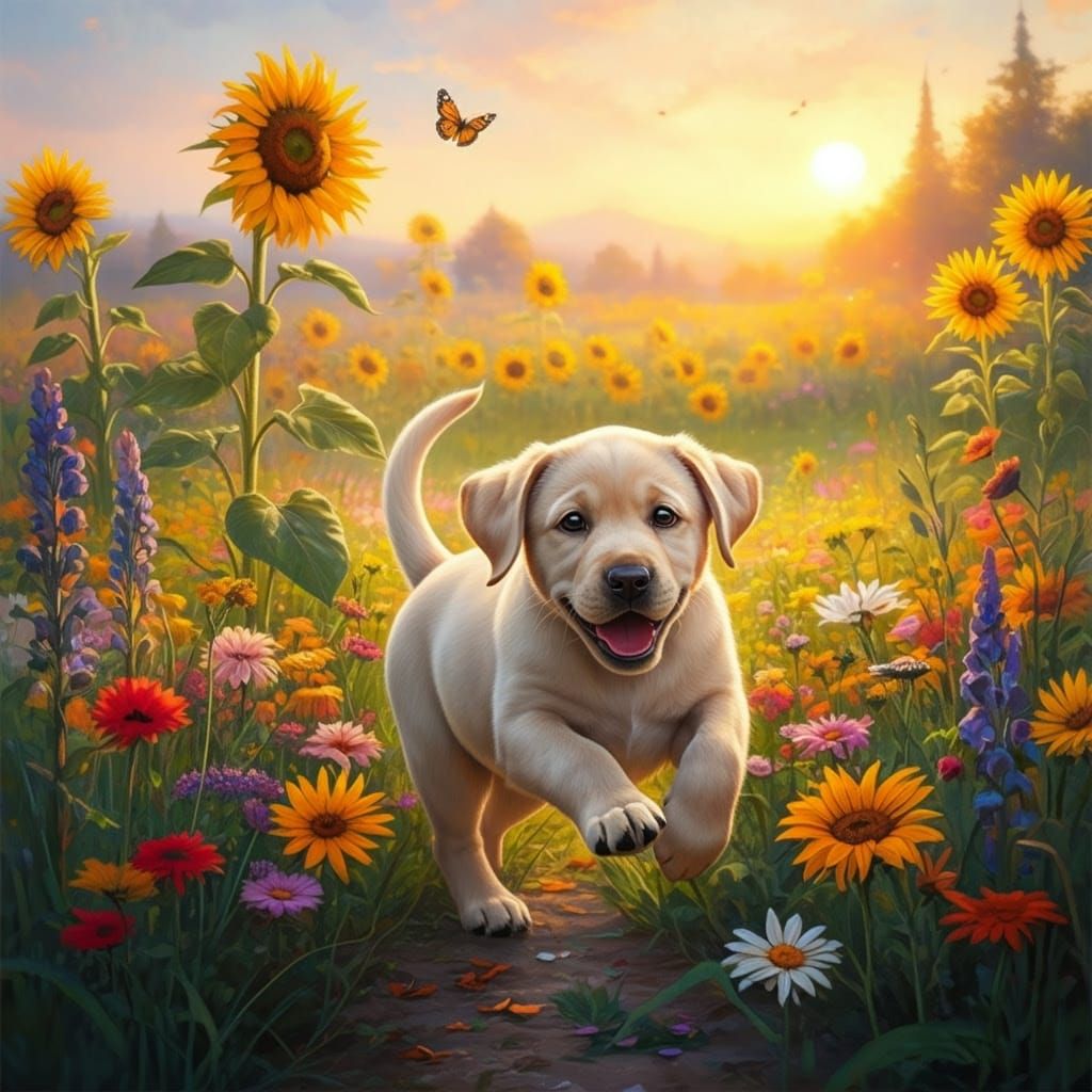 A playful Labrador puppy running through a field of wildflowers