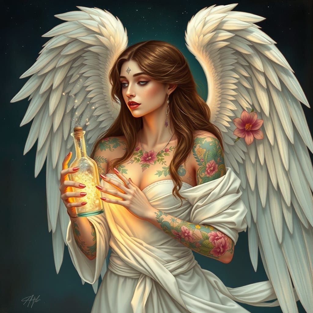 Celestial Angel with Stardust Bottle, Art Nouveau Style