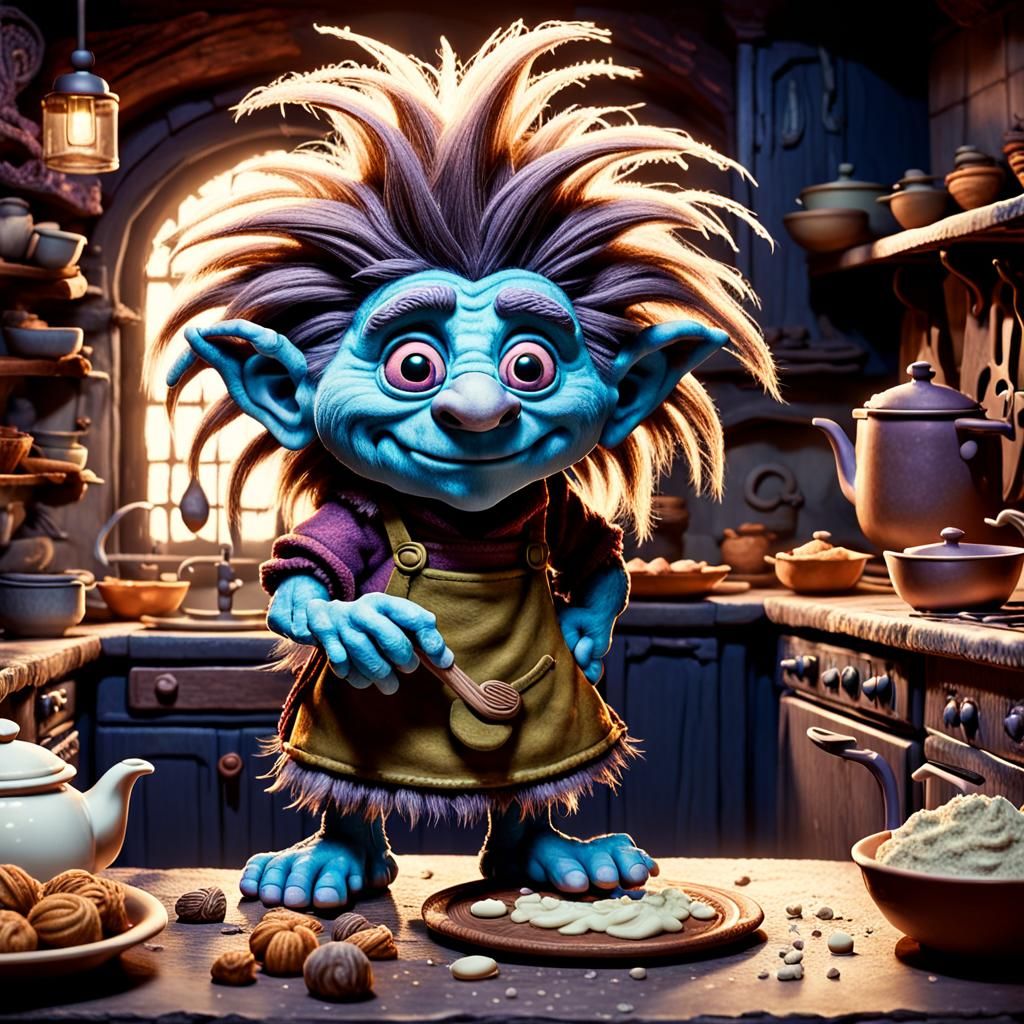 A small claymation troll wearing a baker's attire, set in a whimsical kitchen.