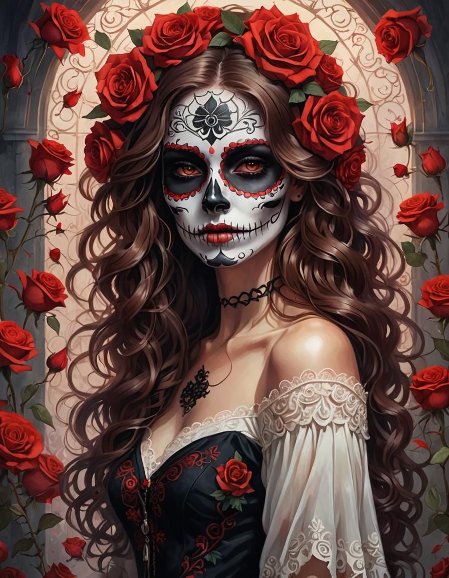 Day of the Dead Girl with Roses, Watercolor Style