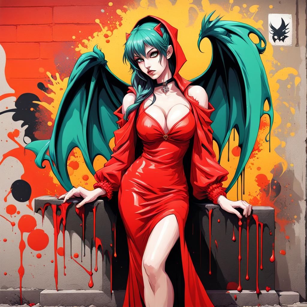 Morrigan Aensland in Red Dress: Graffiti Art