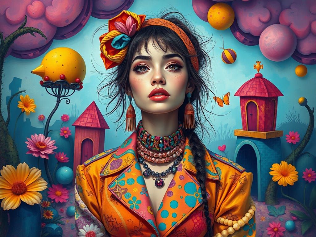 Vibrant Woman in Fantastical Environment with Eclectic Patte...