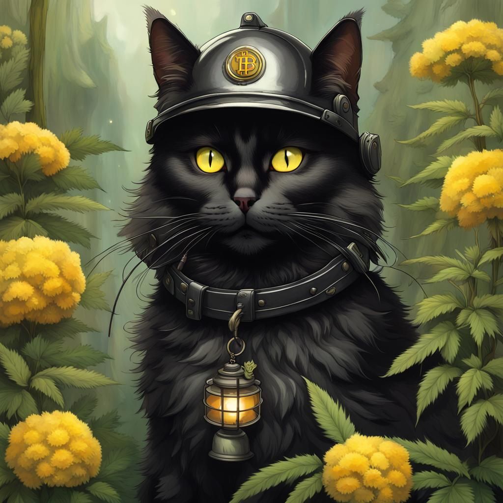 Bitcoin Miner Cat in Cannabis Garden, Digital Art