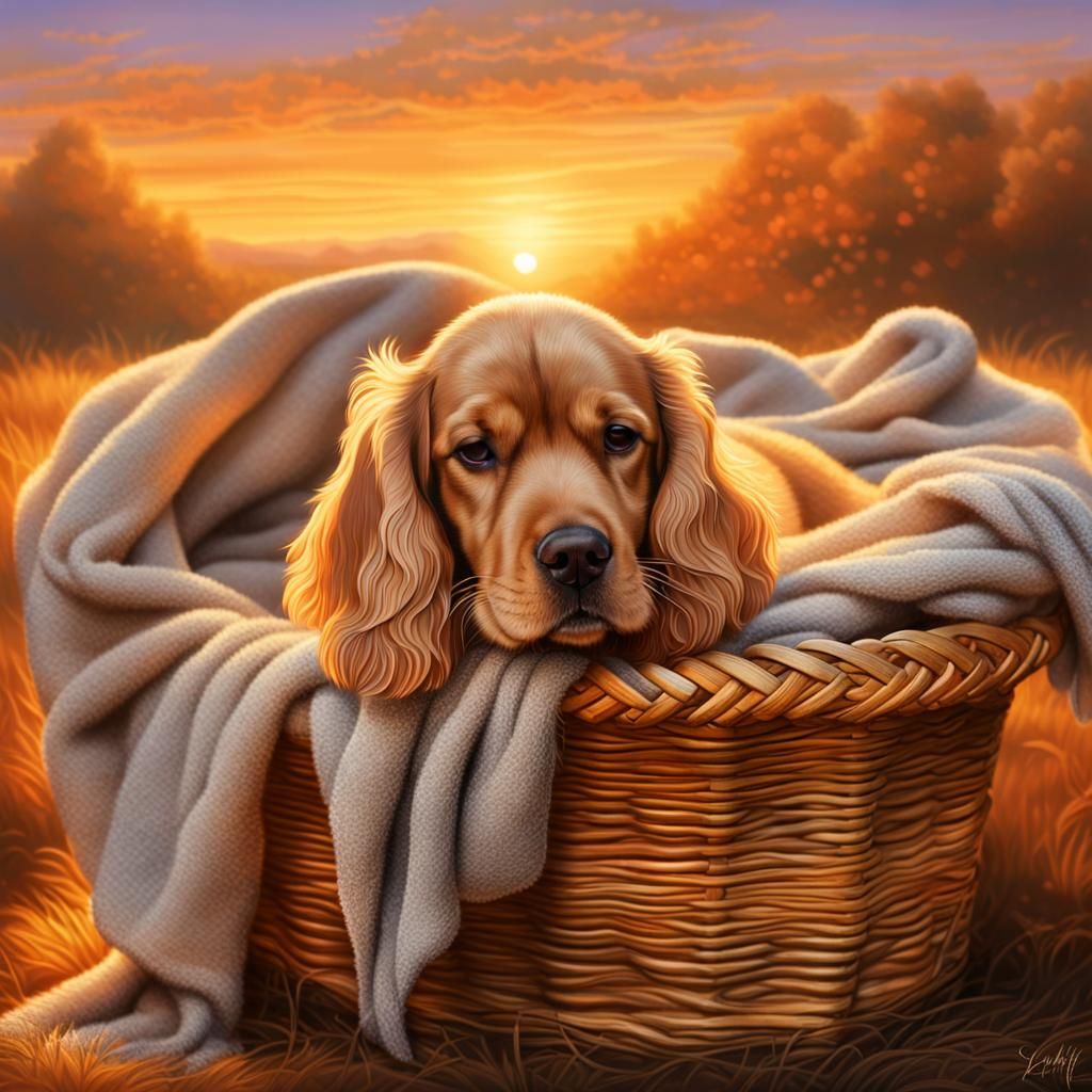 Golden Spaniel Asleep in Sunset Glow: Crystal Art