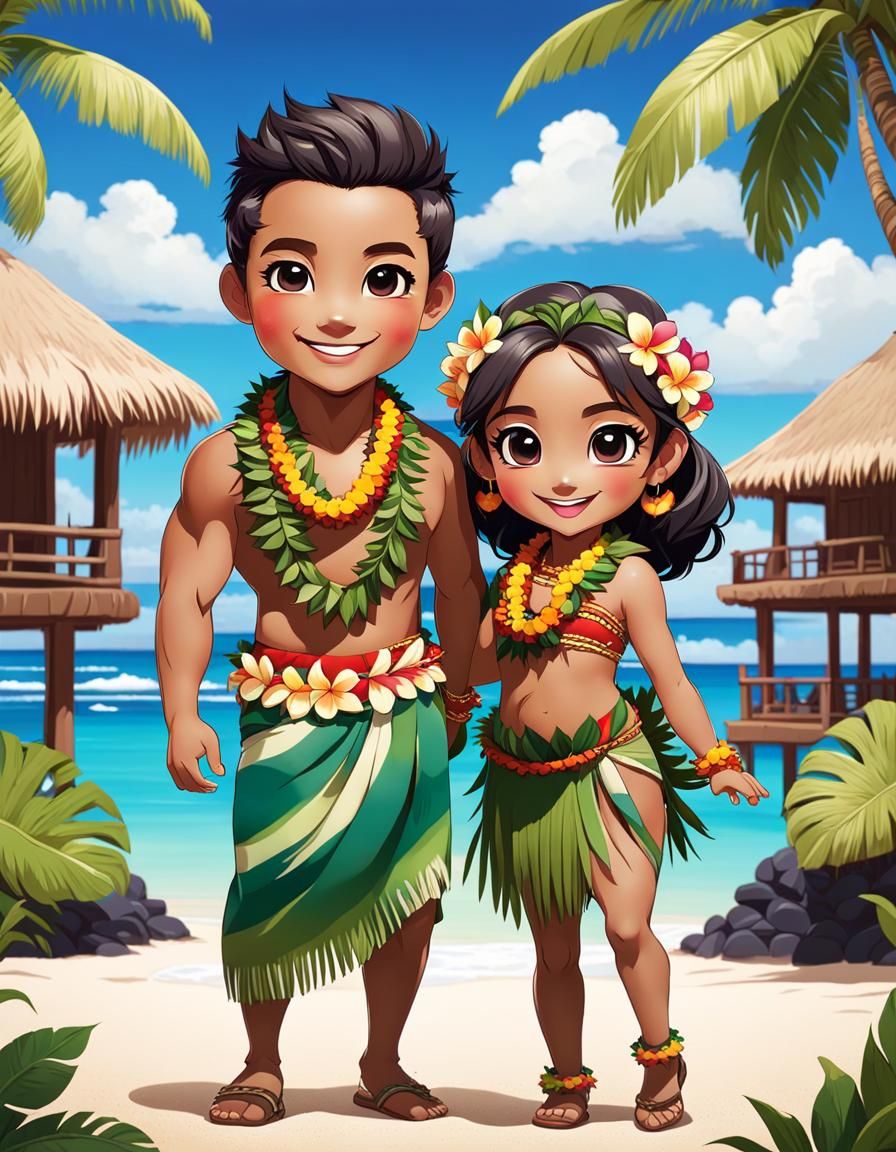 Chibi Hawaiian Children in Traditional Dress on Beach