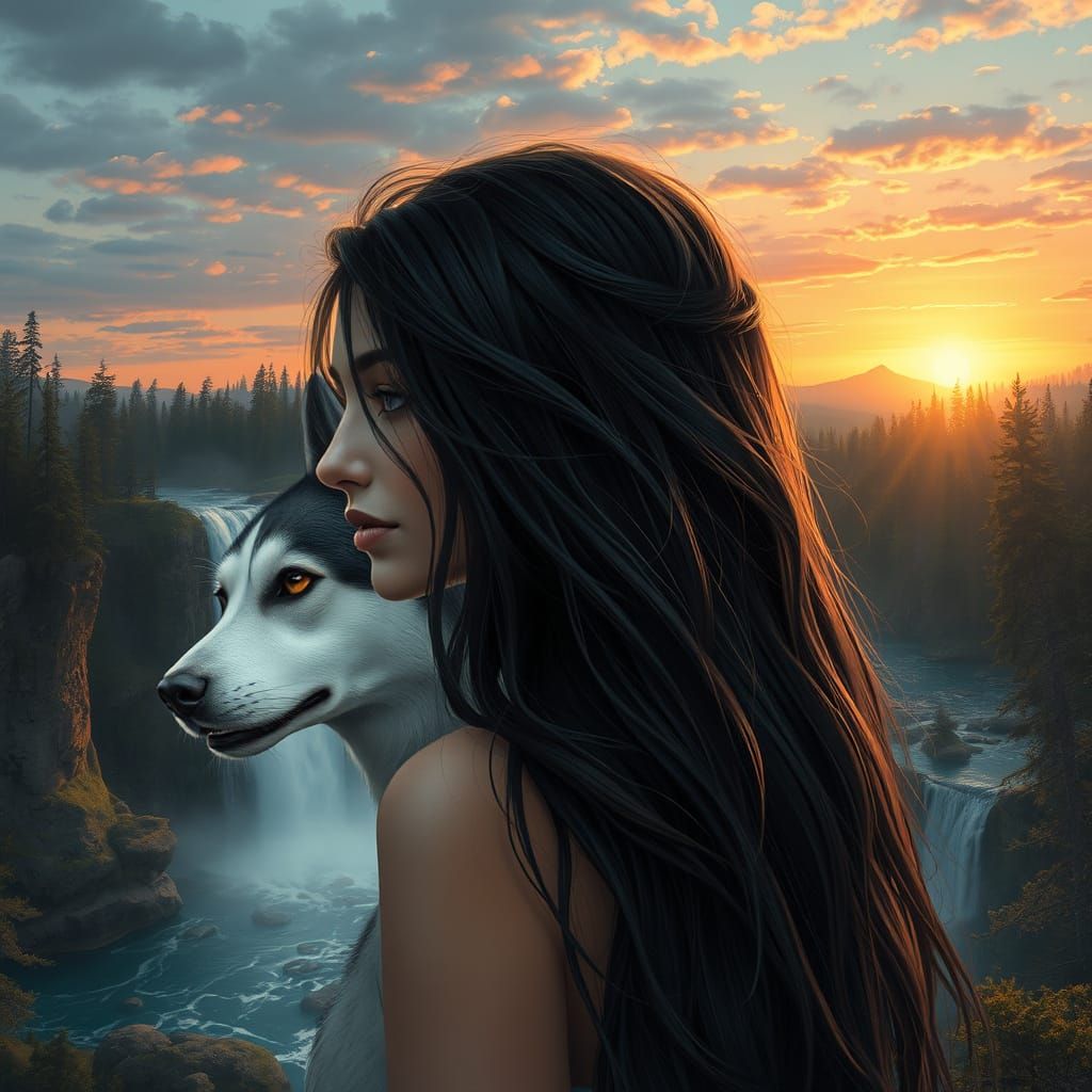 mystical forest with a river and a large waterfall. There's a beautiful sunset in the background. there's a detailed por...