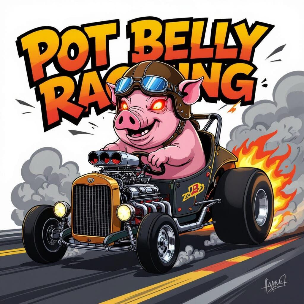 Cartoon Pig Drives Monster Dragster in Vibrant Style