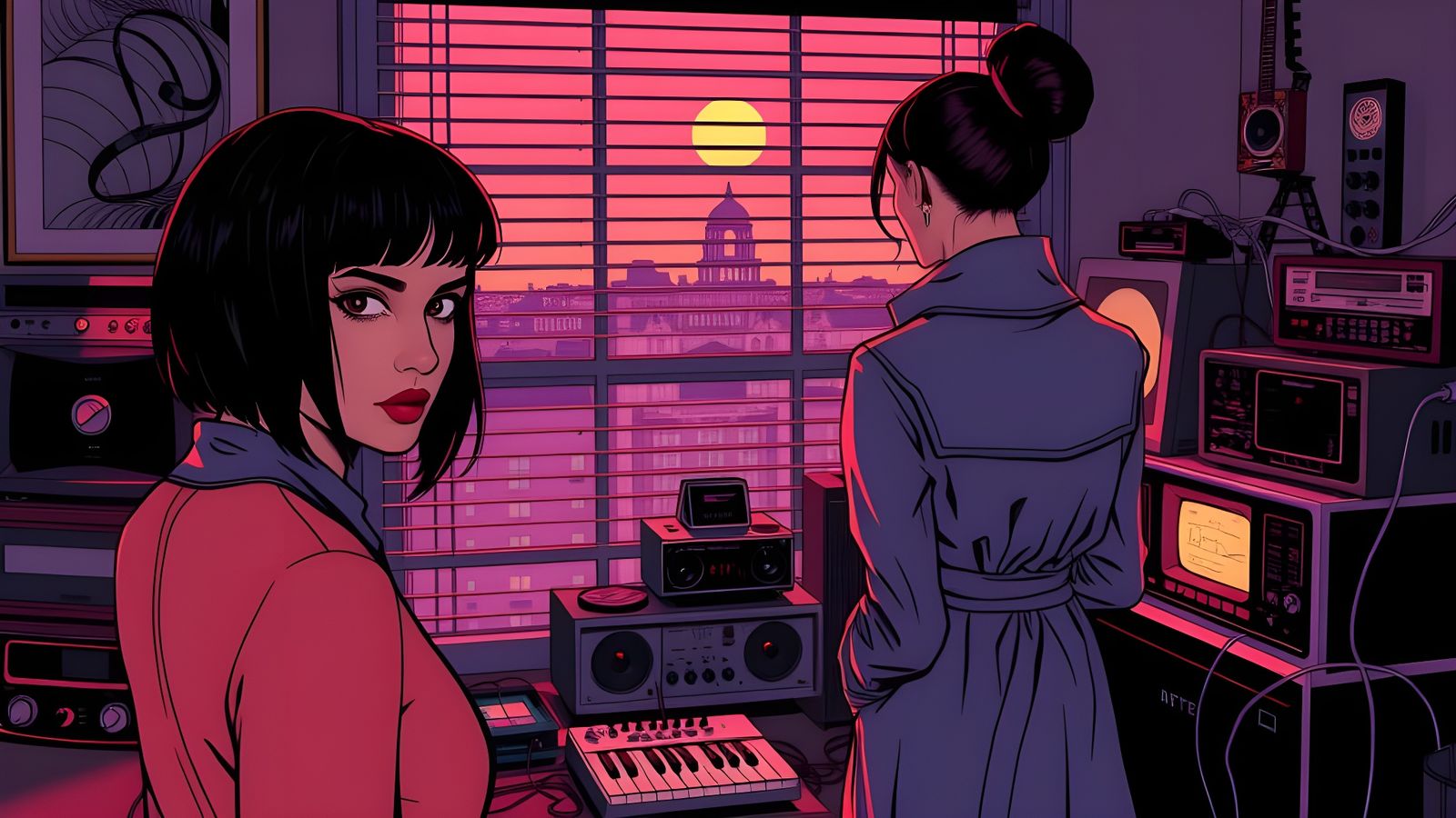 Women in Retrofuturistic Gear Peer into Cityscape from Darke...