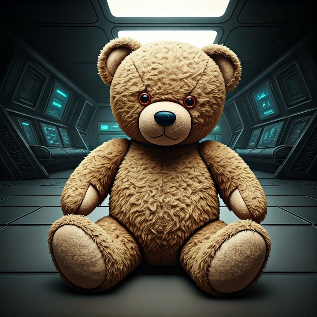 Vintage Teddy Bear in Futuristic Room