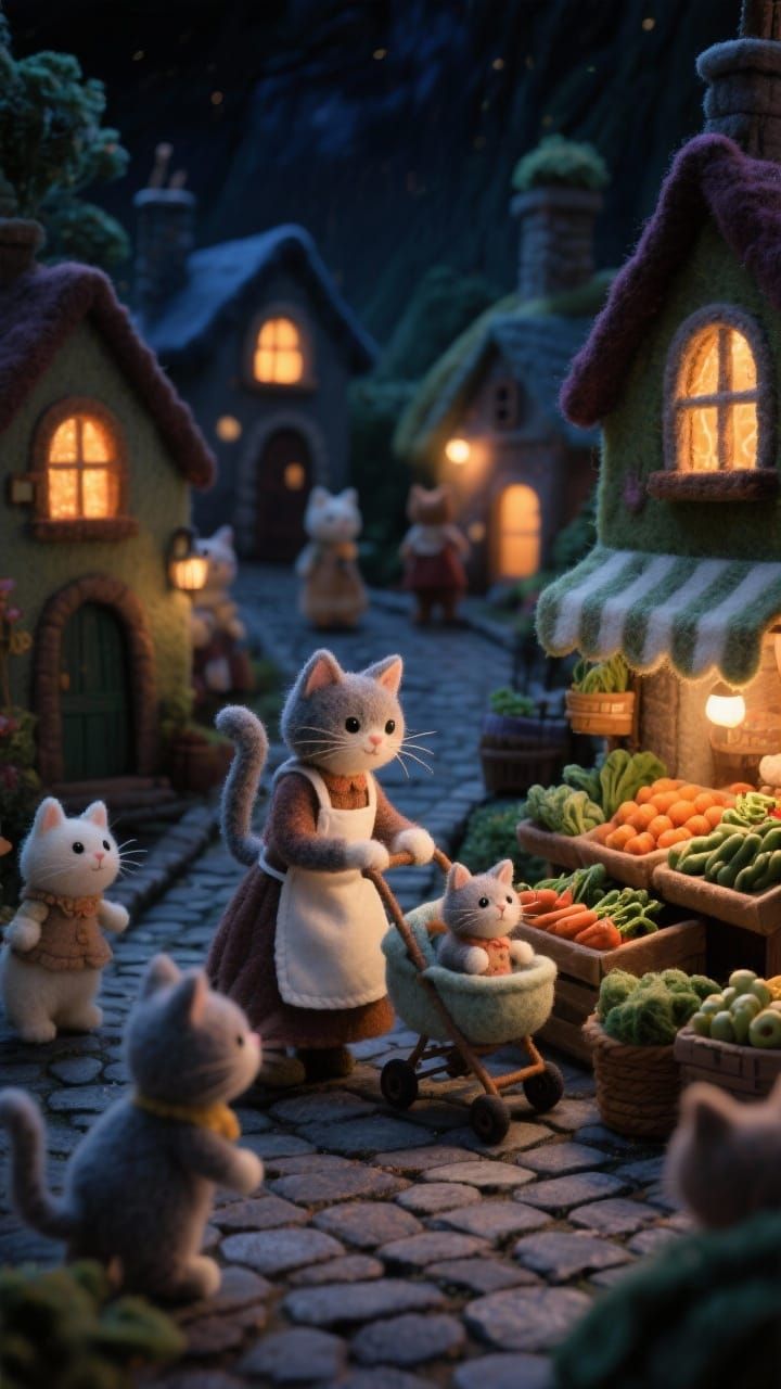 Charming Felt Cat Village with Glowing Windows