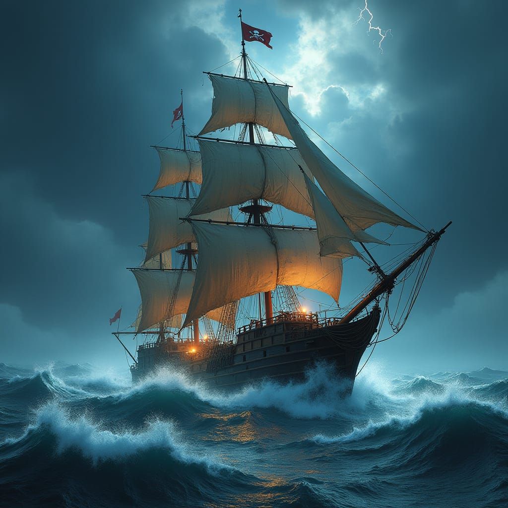 Pirate Ship Battles Stormy Seas: Digital Matte Painting