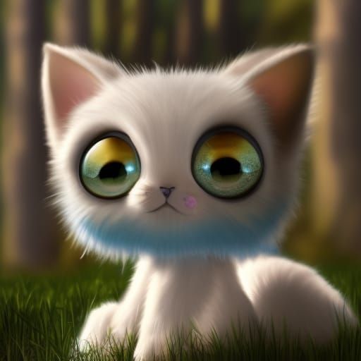 Cute creature with big eyes in a mirror to a beautiful fantasy world, creature is sitting in a bed of grass, smooth shar...