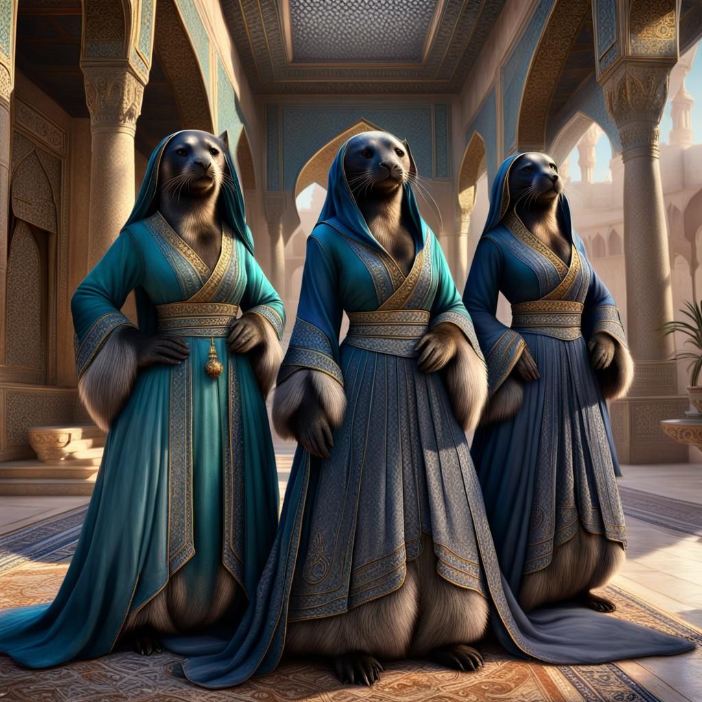 Fur Seals in Harem Attire in Arabian Palace